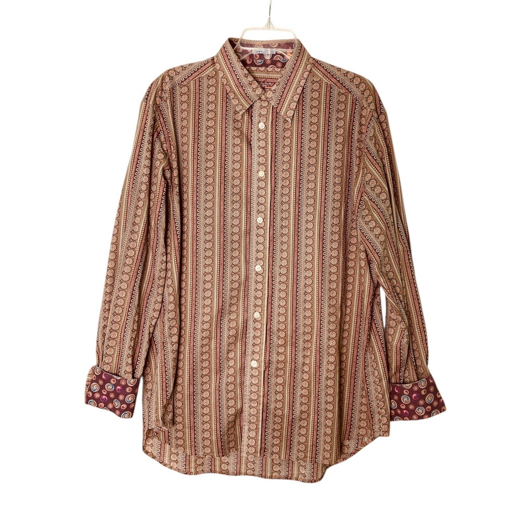 Robert Graham Striped Embroidered Button Front Shirt Contrasting Cuff (Size XL)